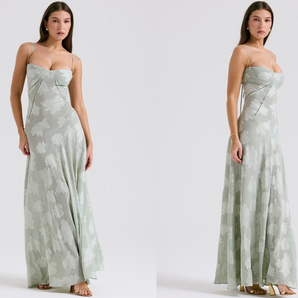HOUSE OF CB 'Seren' Pistachio Floral Lace Back Maxi Dress NWT - Picture 3 of 10